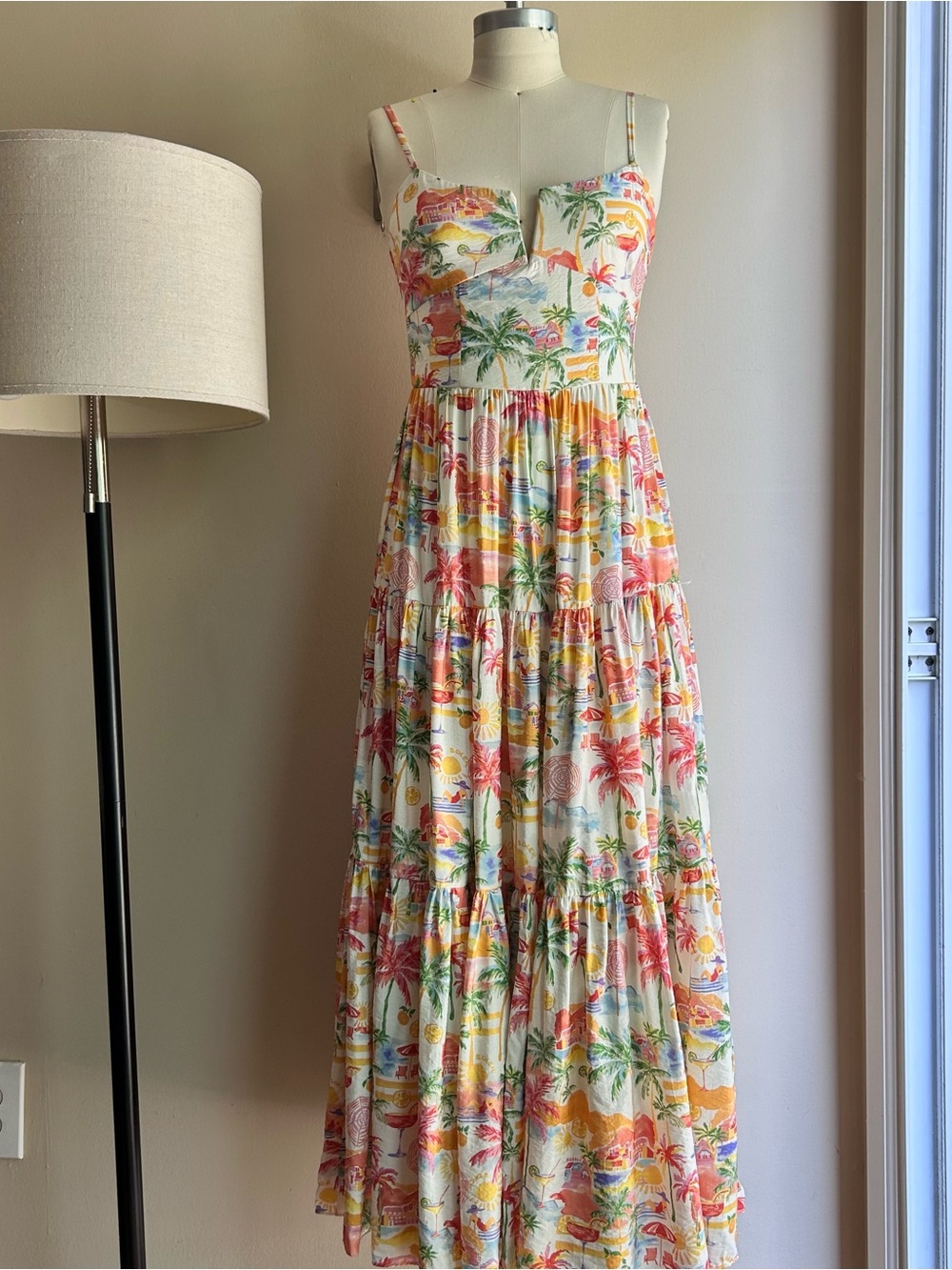 Aqua White Multi Tropical Print Maxi Dress